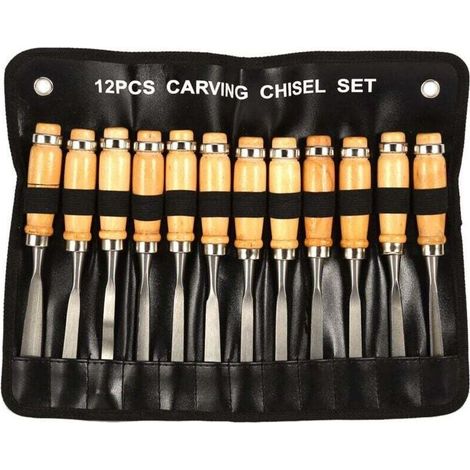 Ensemble de Gouge de sculpture à la main, ensemble d'outils de ciseau à main de sculpture sur bois 12 pièces Gouges professionnelles pour les amateurs de bricolage à bois débutants (1/4)
