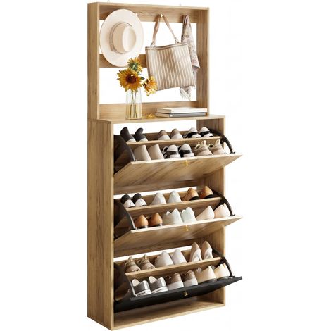 Moderner Schuhschrank mit Haken, 3 klappbaren Aufbewahrungsfächern, geeignet für den Flur, Naturholzoptik + Schwarz, Maße: B75/H180/T24 cm
