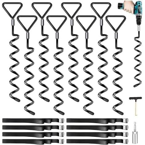 Lot de 8 piquets d'ancrage pour Trampolines avec Sangles Piquets d'ancrage à visser ultra-résistants pour trampolines, adaptés à différents types de sol, installation facile (1/5)