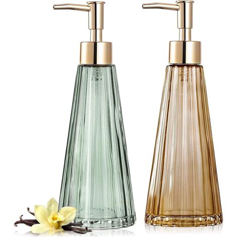 MINKUROW Set mit 2 Seifenspendern aus Glas, 300 ml Flüssigkeitsspender für Spülmaschinen, nachfüllbare Lotion- und Seifenspender für Küche, Bad, Waschküche (Hellgrün und Bernstein) (1/5)