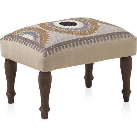 Pouf rectangulaire multicolore tissu brodé et pieds bois - Beige brodé motifs multicolores (1/4)