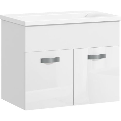 Mobile Bagno Sospeso con Lavabo, Armadietto a 2 Ante con Cerniere Ammortizzate, 61x40x50cm, Bianco Lucido