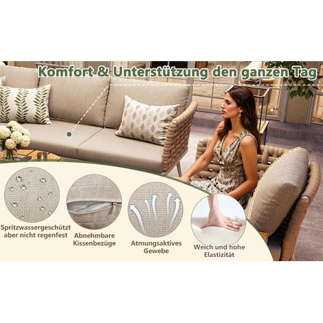 Set de six chaises en forme de L, usage extérieur, accoudoirs tressés main, ensemble robuste en fer, 2 tables bois, fauteuils, coussins inclus, couleur gris/beige. (1/5)