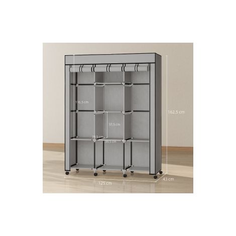 Armoire en tissu grise avec 8 étagères et 2 tringles à vêtements pour chambre et dressing (1/5)