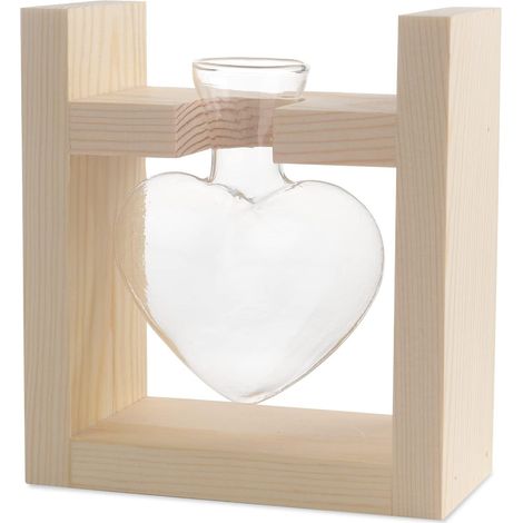 Vase en verre transparent en forme de cœur, vase en verre avec support en bois massif, station de propagation de plantes hydroponiques pour jardin, bureau, décoration de mariage, terrarium (1/5)