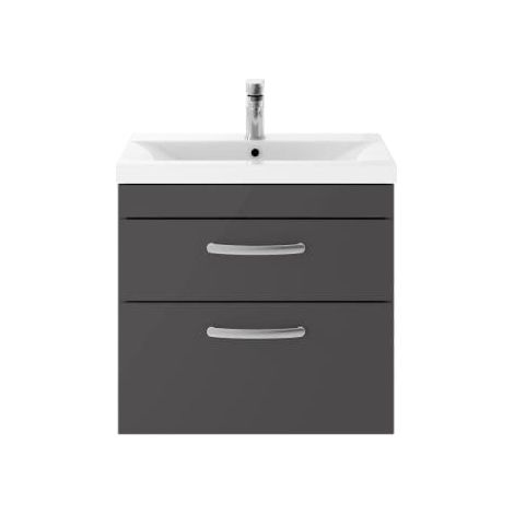 Nuie Athena Gloss Grey 600mm Wall Hung 2 Drawer Vanity Unit and Minimalist Ceramic Basin - ATH078B