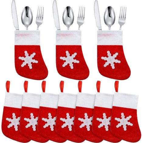 Lot de 20 pochettes de couverts de Noël : décorations de table de dîner de Noël, décorations de chaussettes de Noël, mini chaussettes de Noël pour couteau, cuillère, fourchette (Motif flocon de neige) (1/5)