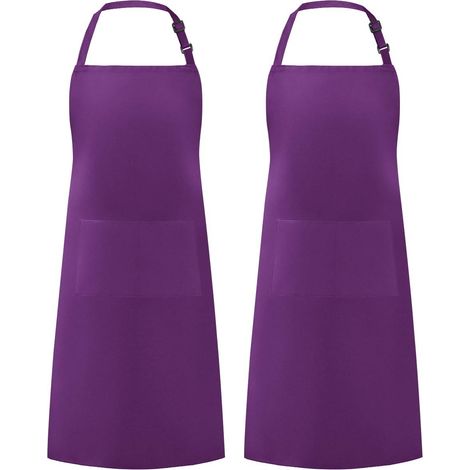 Lot de 2 tabliers de cuisine, polyester résistant à l'eau, réglables avec 2 poches, pour homme et femme, violet (1/5)