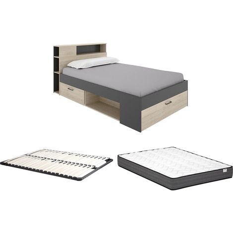 Letto con testata con vani e cassetti 120 x 190 cm Naturale e Antracite + Rete a doghe + Materasso - LEANDRE (1/5)
