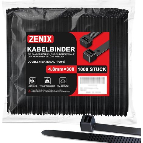Colliers de serrage noirs 4.8x300mm, lot de 1000, résistants aux UV, 28kg (1/5)