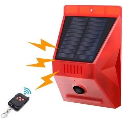 Lampe Solaire stroboscopique avec détecteur de Mouvement IP65 étanche LED détecteur de Alarme Solaire avec télécommande, 129db Sound Security sirène étanche pour la Maison, Ferme, Villa (1/5)