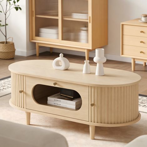table salon rangement 100 50 36 cm bois mdf verre chene HAVRYA (1/5)