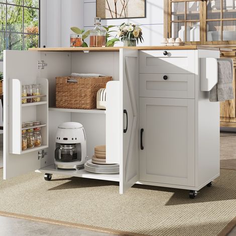 Îlot central de cuisine contemporain, meuble de rangement avec placards, buffet et desserte en bois, table multifonctionnelle pour repas, étagères de stockage pour snacks, blanc (1/5)