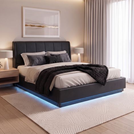 Letto Matrimoniale Contenitore Tröstiar con Apertura a Ribalta e Luce LED 160x200 cm - Similpelle Nero [en.casa] (1/5)