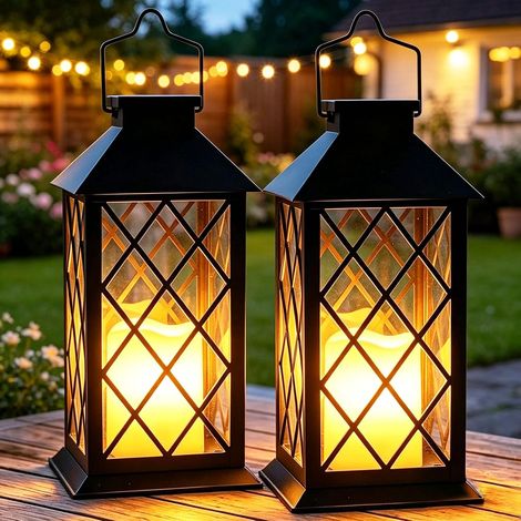 Lanterne Solaire Exterieur 2 Pièces 35cm Grande Lampe Solaire Jardin Bougie, Verre Trempé, Lampe de Table Étanche Suspension Lampe, Solaire Exterieur a Poser pour Balcon Jardin Deco - Noir (1/5)
