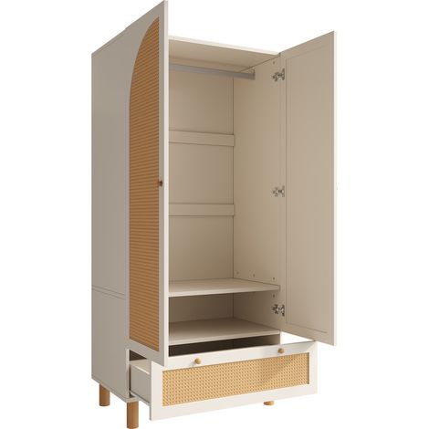Armoire blanche style campagne avec 2 portes, grande tiroir en rotin et étagères réglables 180x85x52 cm (1/5)
