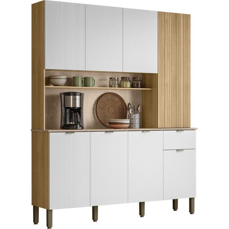 Beaux Meubles Pas Chers – Buffet 8 portes 1 tiroir 18 niches imitation chêne et blanc – Dimensions L 161 x H 200 x P 38.8 cm – Structure en panneaux de particules (1/5)