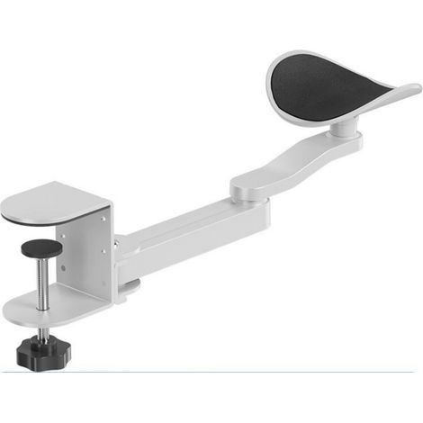 Bracciolo da scrivania regolabile, girevole a 360°, lega di alluminio, con supporto ergonomico per polso e gomito e supporto con morsetto senza trapano, per ufficio e casa, bianco. (1/5)