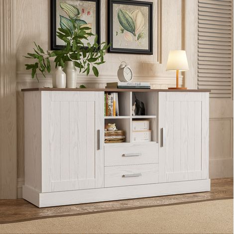 Madia 140 x 40 x 79,5 cm, 2 ante, 2 cassetti, decorazione legno bianco e marrone DESVIAE (1/5)