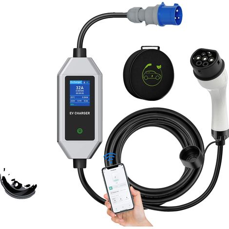 Cargador portátil para vehículos eléctricos, control WiFi, corriente ajustable, tipo 2, 10 m (1/2)