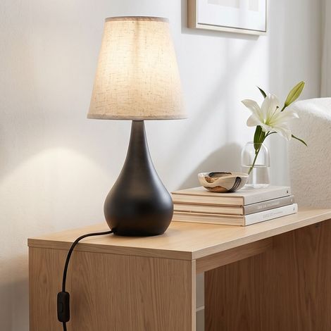 Lampada da tavolo con base a vaso, nera e paralume in tessuto beige (1/5)