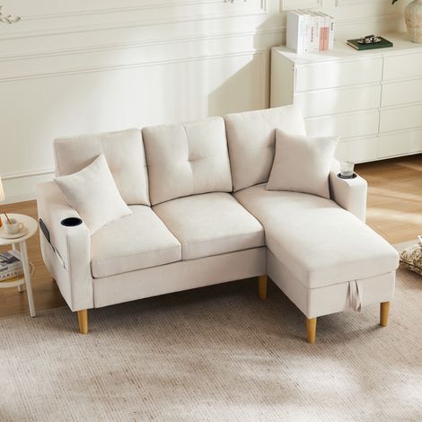 Canapé 3 places en Coton et lin, L, avec rangement, porte-gobelet intégré et 2 coussins, Idéal pour les salons ou bureaux, Beige (1/5)