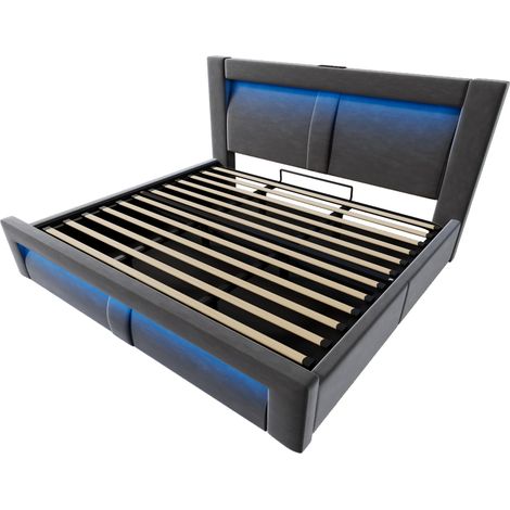Lit double 180x200 cm avec espace de rangement, lit hydraulique, éclairage LED à commande via application, ports de charge USB et Type C, velours, tête de lit au design incurvé, gris, sans matelas (1/5)