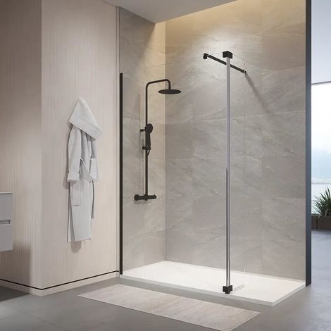 Cabine de douche à l italienne 60 cm porte de 40 cm verre trempé anti calcaire de 10 mm transparent profilés noirs Naxos (1/4)