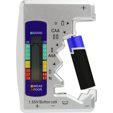Comprobador digital de baterías para todo tipo de baterías, comprobador de baterías, pantalla LCD, comprobador universal de baterías para AAA, A, C, 9V, D, N, 1.5V y pilas de botón pequeñas. (1/5)
