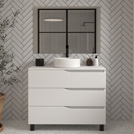 Meuble de salle de bain 100 avec plateau et vasque à poser - 3 tiroirs - blanc - MATA (1/5)