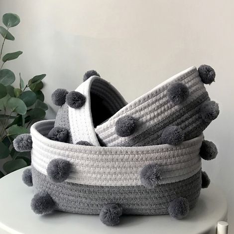 Panier de rangement bleu ciel, grand modèle, style scandinave, en corde de coton tricotée avec pompons, idéal pour ranger snacks, clés et petits objets, emballé en sachet OPP. (1/5)