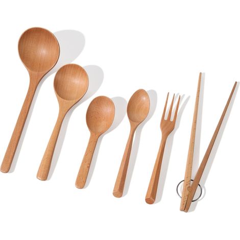 Ustensiles de cuisine en bambou - Accessoires anti-rayures 6 pièces (cuillère, spatule, pince) - Ensemble d'ustensiles de cuisine 100 % (1/5)