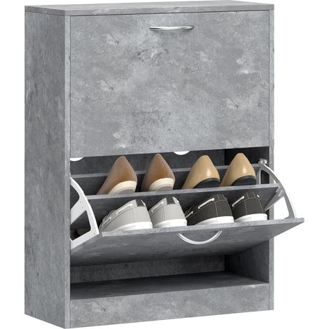 Meuble à chaussures - HOMCOM - 2 tiroirs rabattables, étagères réglables - panneaux de particules - 60 x 24 x 80 cm - gris ciment (1/5)