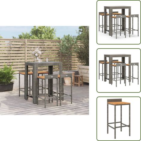 Ensemble de bar jardin 5 pcs gris poly rotin/bois massif acacia - Ensemble Salon De Jardin - Mobilier De Jardin - Set De Bar Extérieur - Table Et Chaises De Bar - Table Basse Jardin