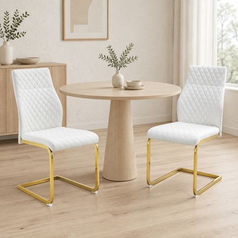 Runder 60-cm-MDF-Tisch in Walnussoptik mit 2 weißen Stühlen und goldenem Gestell (1/5)