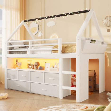 Hochbett 90x200 cm Weiß MDF/Kiefer, 6 Schubladen, Kinderzimmer, ohne Matratze – MEUBLIV (1/5)