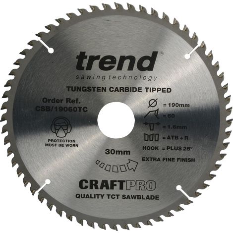 Trend Lama per sega circolare CraftPro Thin Kerf TCT, diametro 190 mm x 60 denti x foro 30 mm, punta in carburo di tungsteno, CSB/19060TC (1/4)