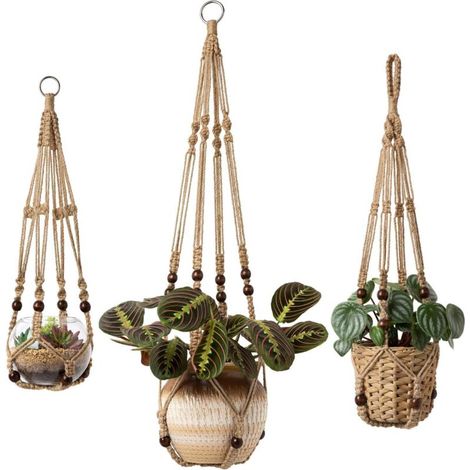 Lot de 3 pots de fleurs suspendus en macramé - Corde en jute avec perles sans pompons - Corde en jute - 58 cm/73 cm/89 cm