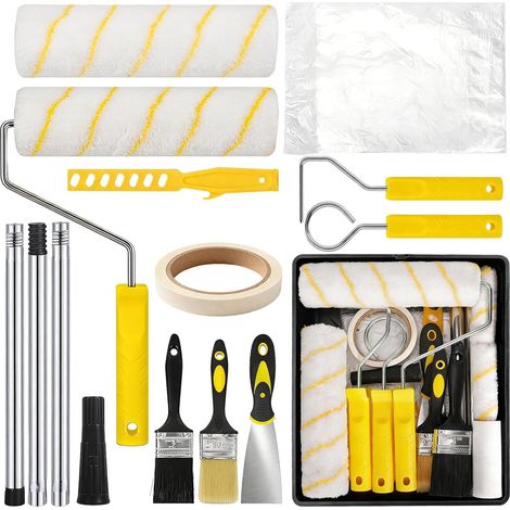 19 Pièces Rouleau de Peinture, Kit Rouleau à Peinture avec Manche Amovible, Set de Rouleaux de Peinture avec comprenant un bac à peinture, un pinceau et un grattoir, Idéal pour murs, plafonds, portes (1/5)