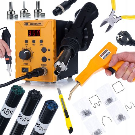 Rosfix Set 858D Ultra – Heißluft-Lötstation & Kunststoffschweißgerät 700 W 100–500 °C, 120 l/min, 3 Düsen ABS/PP/PE Schweißdrähte Reparaturset für Kunststoff