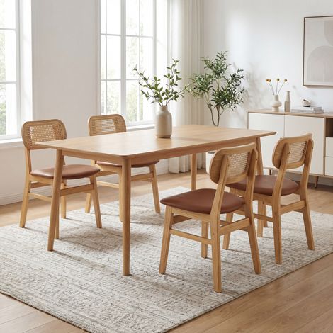 Wahson Lot de 4 Chaises en Cuir PU, Chaises Salle à Manger en Bois Chaise Rotin Chaise de Cuisine Confortable Pour Cuisine/Restaurant,Cuir PU, Marron