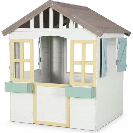 WONDERMAKE® Design Kinder Spielhaus Holz mit 2 Pflanzkästen und magn. Tür + Fenster, Kinderspielhaus ab 3 Jahre Garten Outdoor draußen wetterfest klein hoch, Gartenhaus 115x101x130 cm, weiß grau bunt