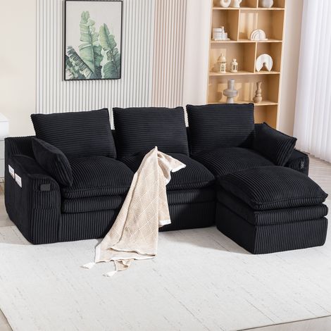 3-Sitzer Sofa Cord Schwarz 263x167x85 cm, modular mit Hocker, inklusive Kissen und Seitentaschen