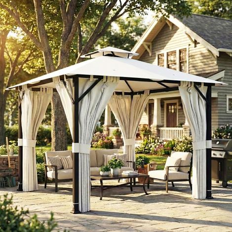 Tonnelle de jardin extérieur pavillon de jardin toit double crème rideaux crochets de plafond cadre en métal 3x3m style élégant