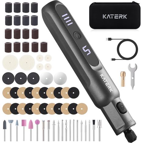 Outils Rotatifs Multifonction, 5 Vitesses 5000-20000 tr/min, 3.7V Mini Perceuse Sans Fil avec 2500 mAh, 70 Pièces Accessoires pour Sculpture, Polissage, Ponçage, Perçage et Bricolage - Gris (1/5)
