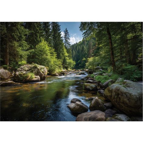 Fototapete Wald Fluss Natur Bäume – Moderne Großformat Wandtapete 150x105 cm – Für Wohnzimmer & Schlafzimmer