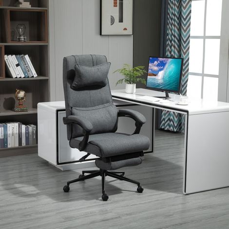 Chaise de bureau ergonomique gris rembourrée - 5 roues - accoudoirs - appuie-tête - repose-pieds - hauteur réglable - stable et confortable. (1/4)