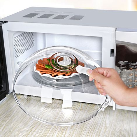 Couvercle de micro-ondes transparent avec poignée, protection anti-éclaboussures, pour plats, bols et assiettes. Indispensable pour la cuisine.