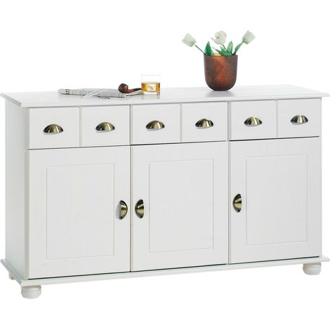 Idimex – Buffet en pin massif blanc – 3 tiroirs et 3 portes – Dimensions 80 x 134 x 39 cm – Poignées coquilles vintage en métal (1/4)
