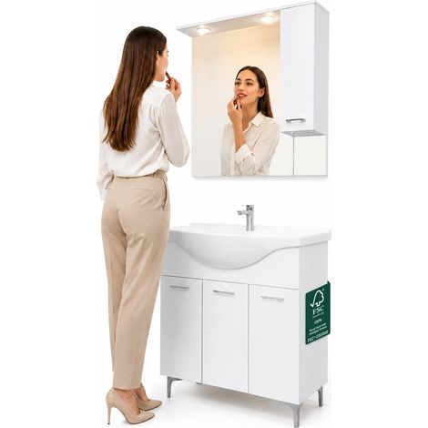 Set Completo Mobile da Bagno da Terra 85 cm Tre Ante Bianco Specchio e Accessori (1/5)